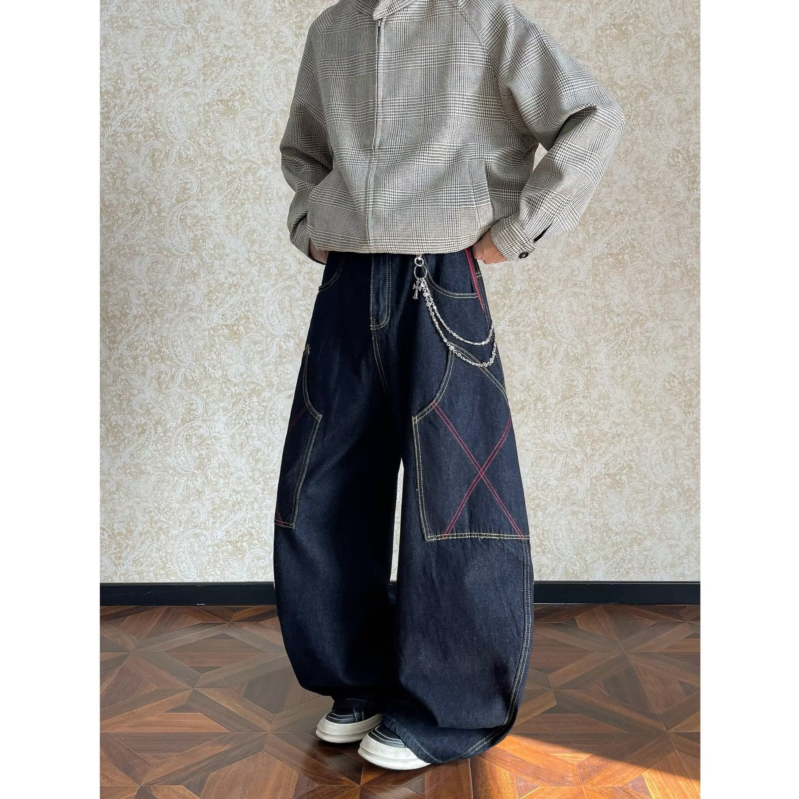 丹宁风拼接阔腿牛仔裤男生款