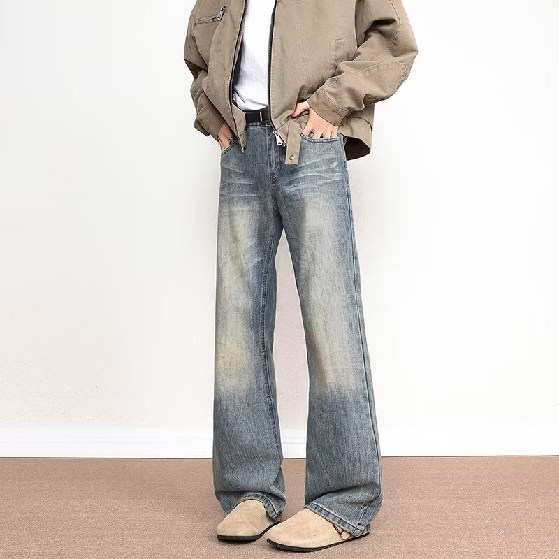 水洗复古竹节纹直筒牛仔裤男女