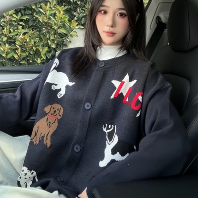 美式趣味卡通小狗开衫毛衣