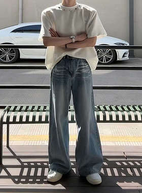 pansk闪电波纹冰蓝牛仔裤男夏薄款高腰提档裤子美式直筒弯刀裤潮