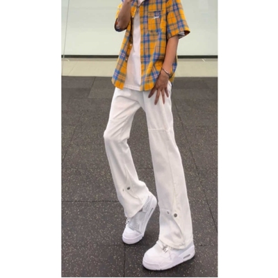 白色排扣高腰牛仔裤男款美式