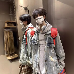 秋季新款欧美高街FOG破洞泼墨牛仔外套男学生痞帅百搭做旧夹克潮