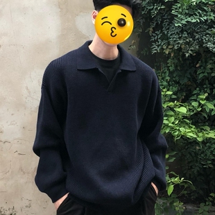 黑色POLO领毛衣男高级感针织打底衫 翻领线衣外套 秋冬成熟稳重男装