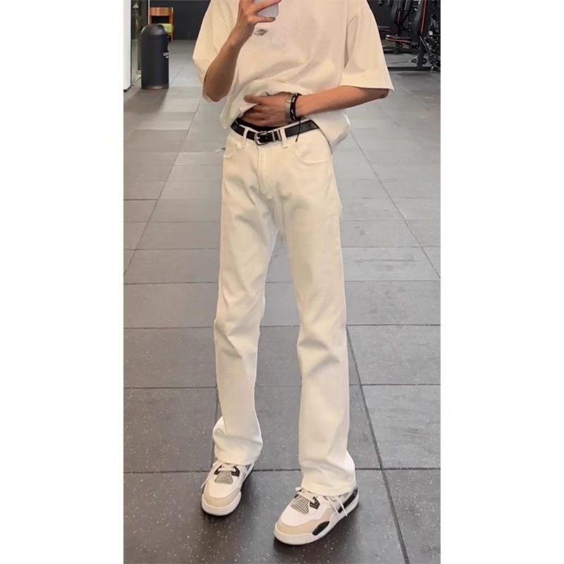 白色高腰牛仔裤男秋季