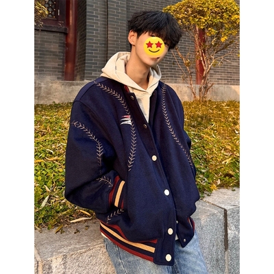 藏青色夹棉刺绣棒球棉服男款