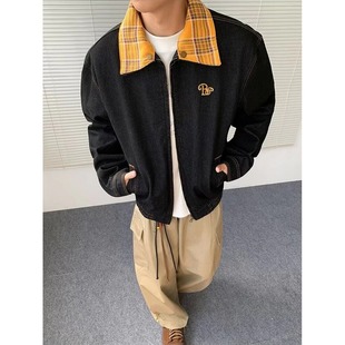 美式 設(shè)計(jì)高級(jí)感工裝 夾克衫 復(fù)古格紋拼接牛仔外套男女2025秋冬新款