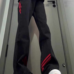 斜杠三条纹红黑显瘦微喇牛仔裤小众休闲设计感美式高街工装直筒裤