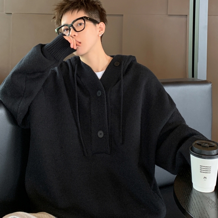 纽扣半开衫连帽毛衣男秋冬季
