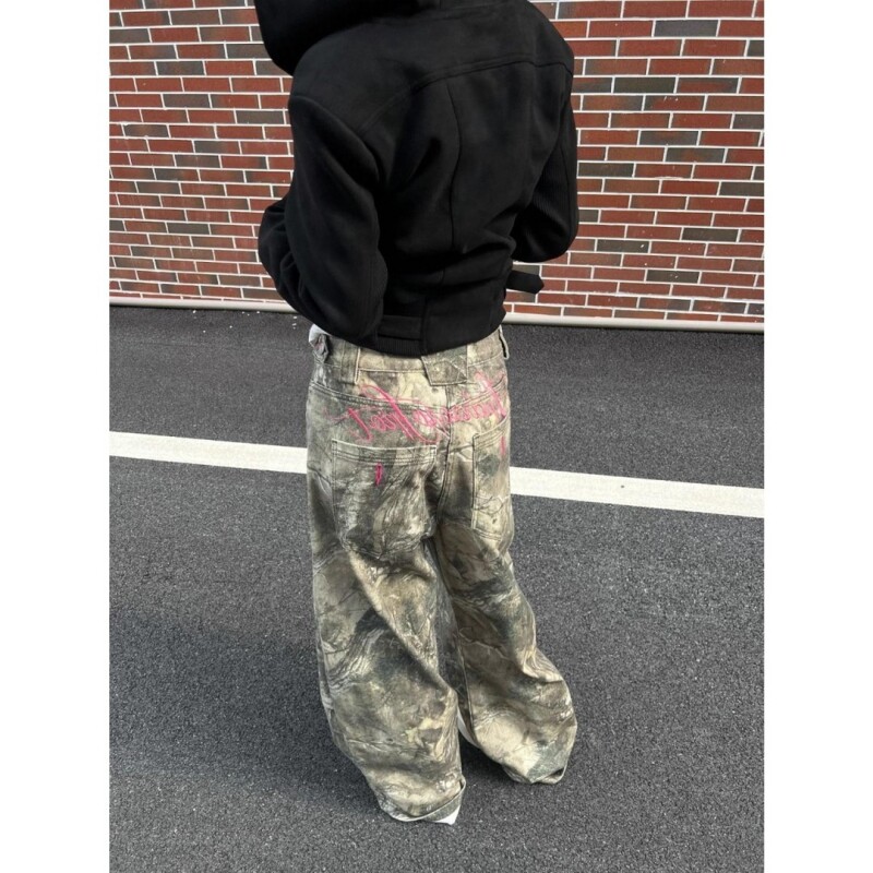 美式复古字母刺绣树枝迷彩休闲裤