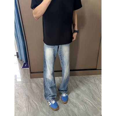 磨白闪电纹直筒牛仔裤男夏季