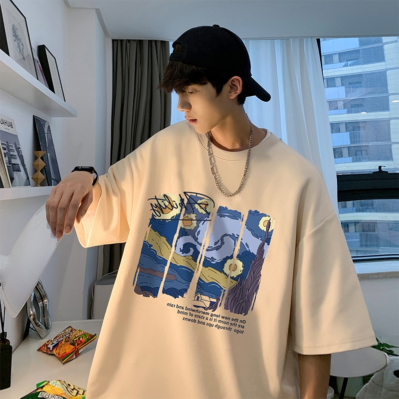 美式复古潮牌杏色短袖T恤男