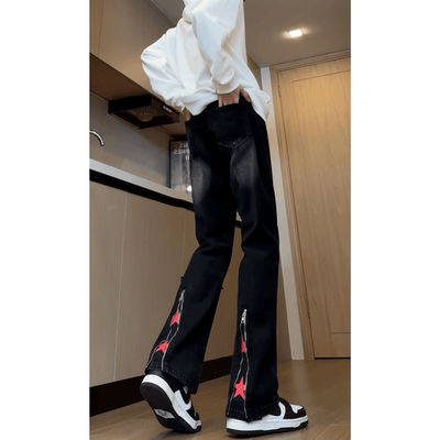 拉链黑色修身牛仔裤男款