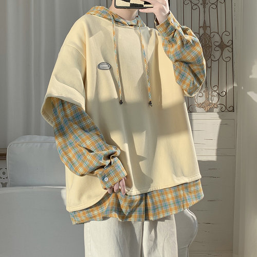 vintage卫衣男假两件格子衬衫