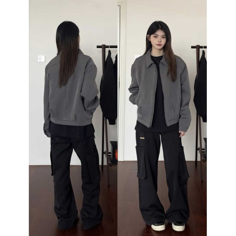 短款灰色翻领西装外套男秋冬cleanfit行政夹克正肩美式复古棒球服