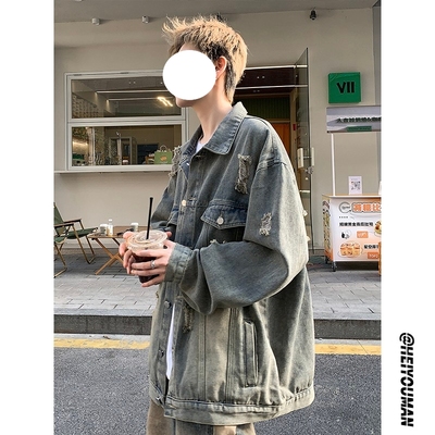 美式高街复古蓝破洞牛仔外套