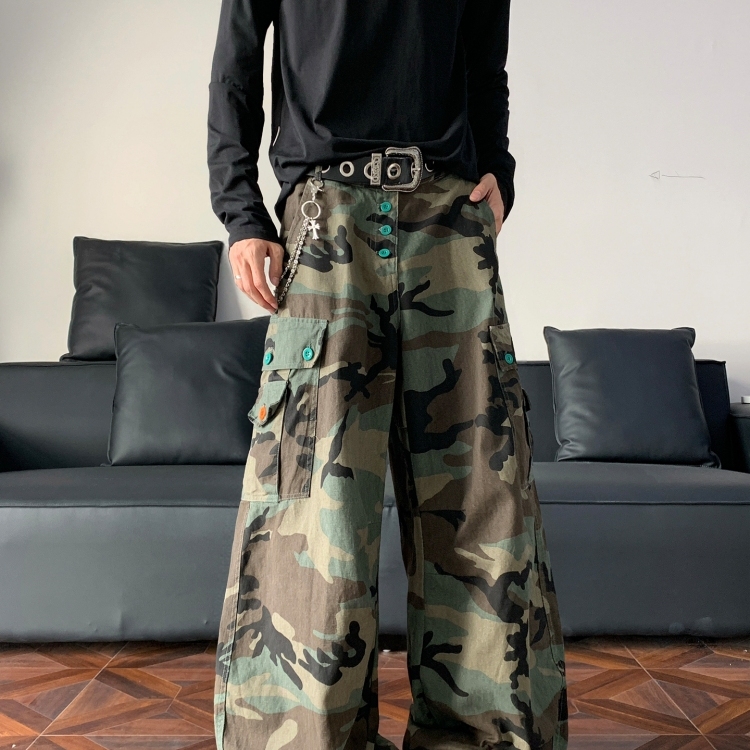 松石绿纽扣迷彩工装牛仔裤