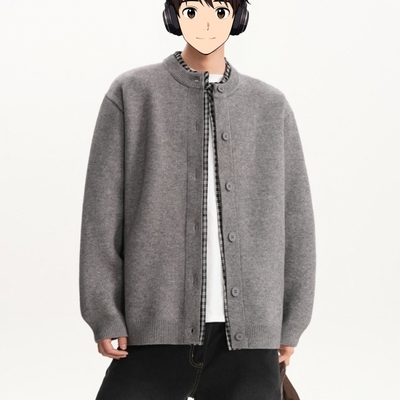 假两件格子拼接针织开衫外套