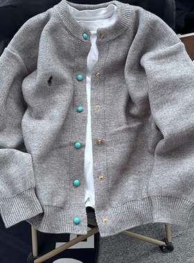 绿松石刺绣标慵懒灰色开衫针织衫外套潮牌男女秋冬高级感无领毛衣