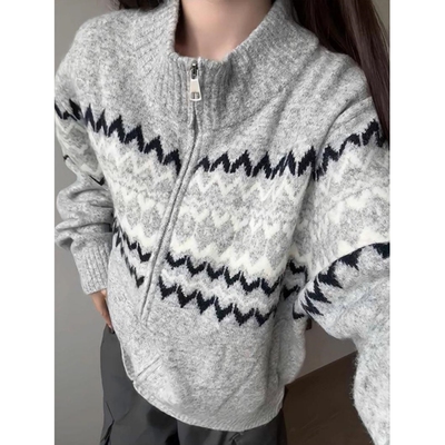 费尔岛撞色半高领拉链针织衫