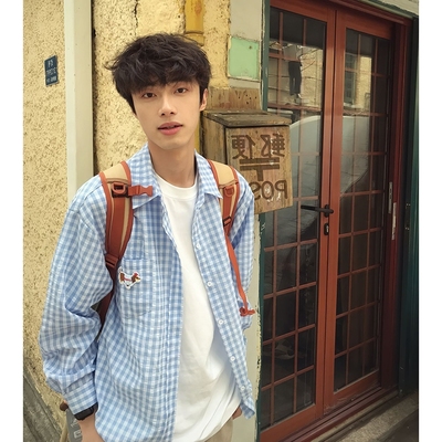 蓝色腊肠狗格子防晒衬衫男夏季