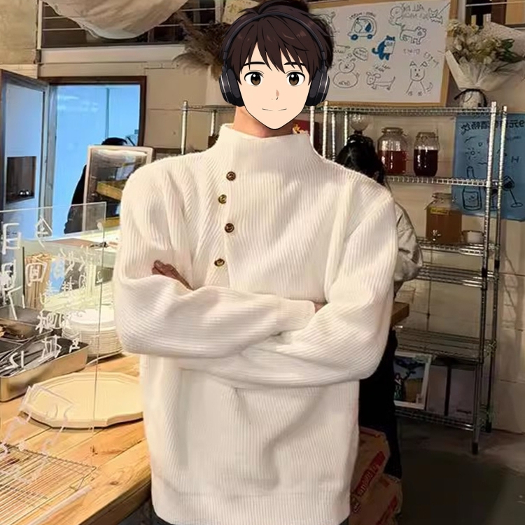 米白色侧扣高领毛衣男生