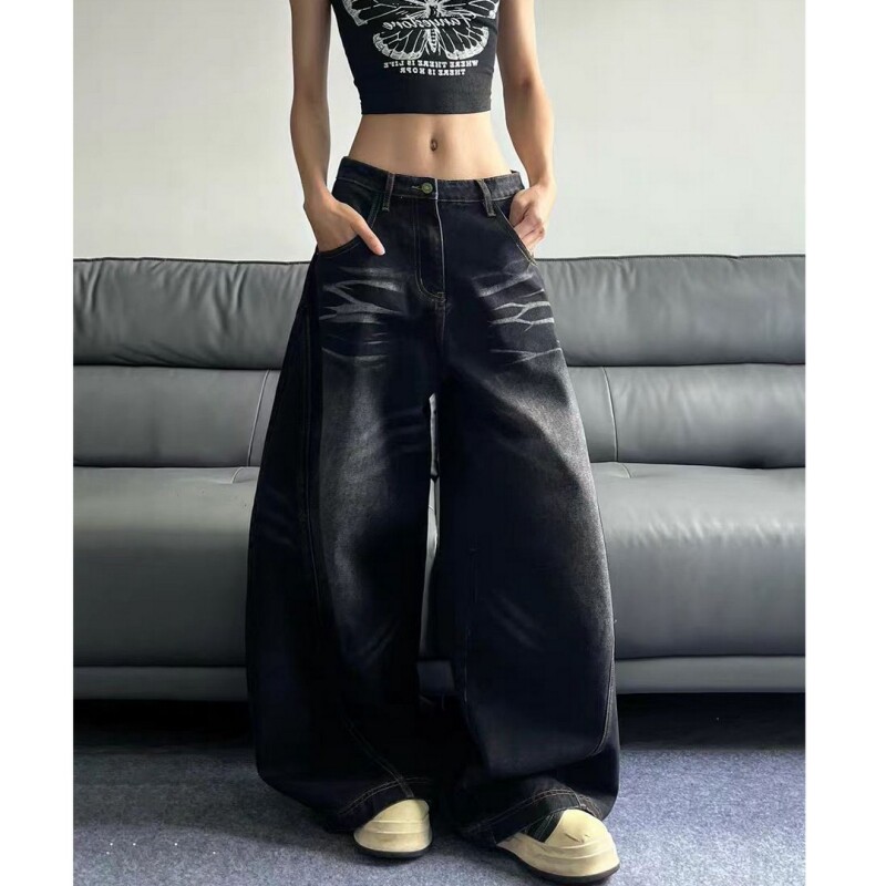 2026春季款美式复古水洗猫须弯刀牛仔裤男女阔腿宽松垂感做旧裤子