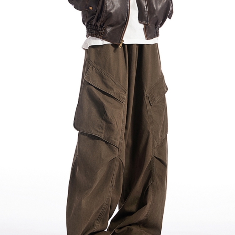 美式做旧棕色工装裤男款秋冬