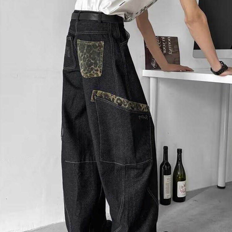 豹纹拼接口袋美式复古丹宁黑色弯刀牛仔裤小众高街裤子阔腿拖地裤,男装,卫裤,淘宝优惠券,粉丝福利购,淘宝优惠卷
