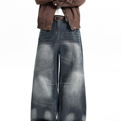 做旧蓝灰色直筒牛仔裤男款