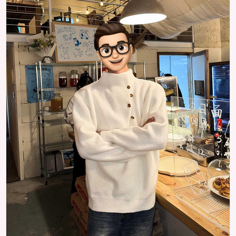 米白色侧扣高领毛衣男秋冬