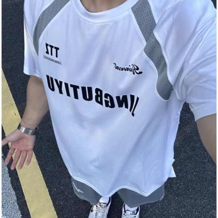 美式复古拼接速干短袖男款夏季冰丝透气t恤篮球健身运动训练服