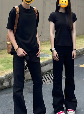 cra黑色美式微喇牛仔裤男女款夏薄款高街情侣裤子高腰窄版直筒裤