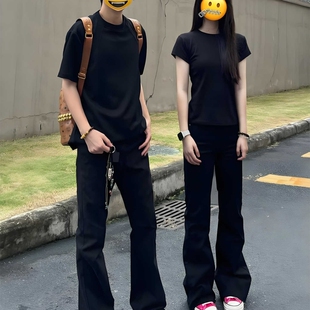 cra黑色美式微喇牛仔裤男女款夏薄款高街情侣裤子高腰窄版直筒裤