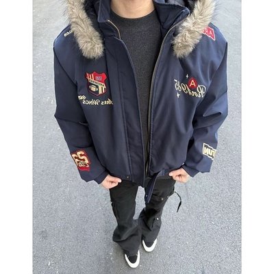 藏青色徽章刺绣夹克棉服男款