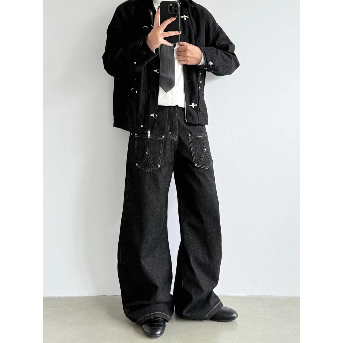 美式反穿插袋原色牛仔裤男垂感高腰阔腿裤修身微喇直筒长裤子夏季