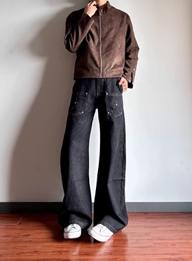 美式绿色铆钉牛仔裤男女冬季复古高街微喇长裤潮牌hiphop休闲裤子