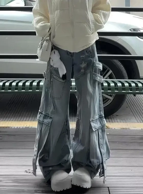 美式复古水洗做旧工装牛仔裤男女街头宽松遮肉显瘦阔腿拖地裤大码