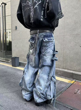 复古潮牌重工多口袋破洞飘带设计感直筒牛仔裤男女街头休闲阔腿裤