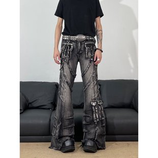 欧美个性亚文化微喇牛仔裤男视觉系美式高街vibe废土风工装裤子