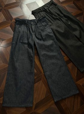 美式双打褶12盎司原牛A字原黑牛百搭牛仔裤微喇直筒垂感休闲西裤