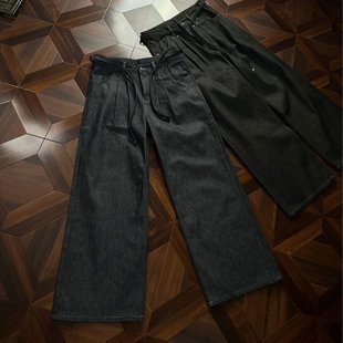 美式双打褶12盎司原牛A字原黑牛百搭牛仔裤微喇直筒垂感休闲西裤