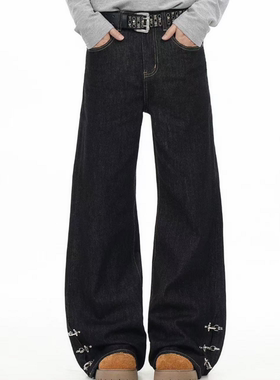 2026新款美式黑色设计感牛仔裤男女宽松休闲cleanfit直筒阔腿裤