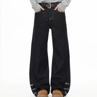 2026新款美式黑色设计感牛仔裤男女宽松休闲cleanfit直筒阔腿裤