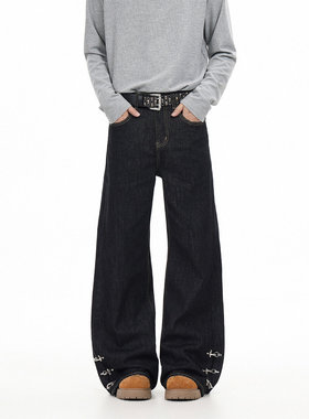 新款美式潮流百搭黑色设计感男女同款宽松休闲飞机扣牛仔裤