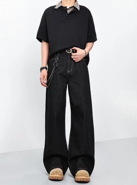 美式复古原牛黑色2021M版型原色直筒牛仔裤男百搭休闲牛仔长裤子