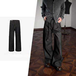 裤子直筒男士剑道双褶原牛13盎司A字宽松廓形固色牛仔差异化通勤