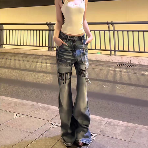 美式猫须纹字母印花牛仔裤男女高街vbie微喇裤子直筒阔腿拖地长裤