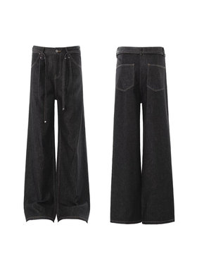 美式复古黑色原牛丹宁阔腿直筒牛仔裤男女宽松cleanfit显瘦长裤子