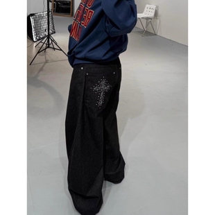 欧美街头豹纹十字钻石点缀阔腿牛仔裤男复古高街宽松显瘦拖地长裤