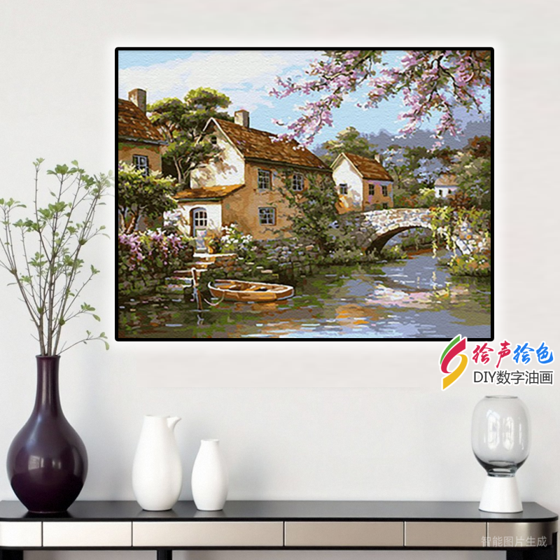 高清数字油画diy丙烯填色手绘减压手工油彩动物装饰画爱意天鹅